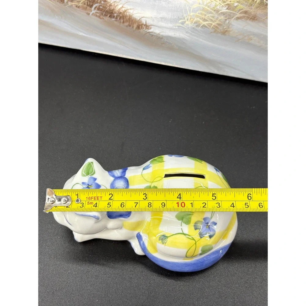 Vintage Ceramic Sleeping Cat Piggy Bank Blue Floral Yellow Gingham Figurine